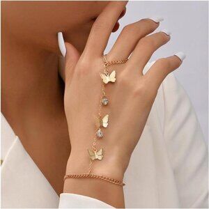 Boho Butterfly Bling Hand Chain Ring Bracelet Gold Crystal Chain Jewelry